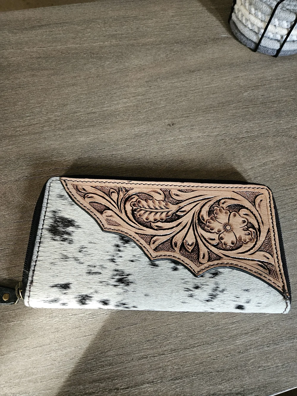 Hand-Tooled Floral Cowhide Zip Wallet - Black & White-NWOT